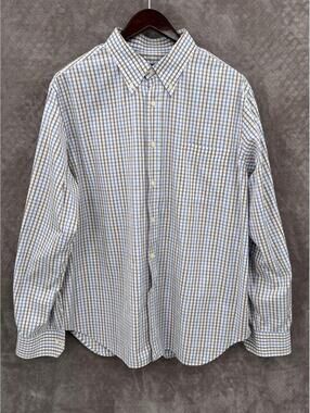 Corneliani Shirt Mens 2XL White Blue Brown Plaid Long Sleeve Button Down Casual